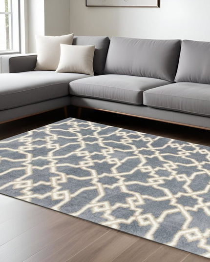 7' X 10' Slate Blue And Ivory Geometric Area Rug