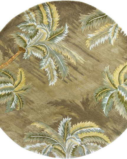 8' Moss Green And Yellow Wool Tropical Botanical Hand Tufted Round Rug