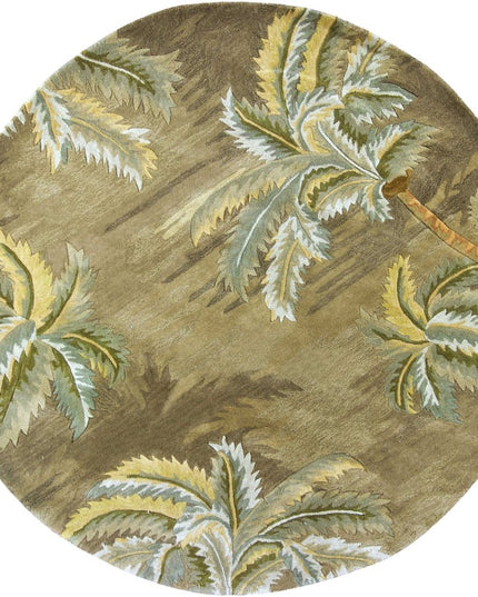 8' Moss Green And Yellow Wool Tropical Botanical Hand Tufted Round Rug