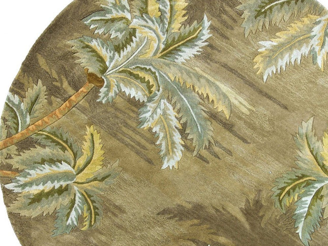 8' Moss Green And Yellow Wool Tropical Botanical Hand Tufted Round Rug