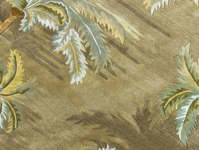 8' Moss Green And Yellow Wool Tropical Botanical Hand Tufted Round Rug