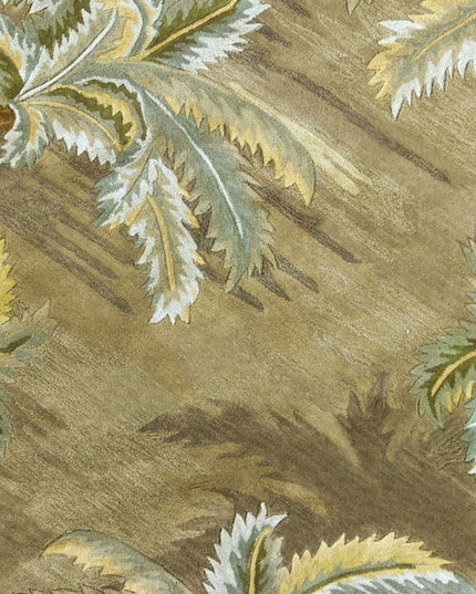 8' Moss Green And Yellow Wool Tropical Botanical Hand Tufted Round Rug