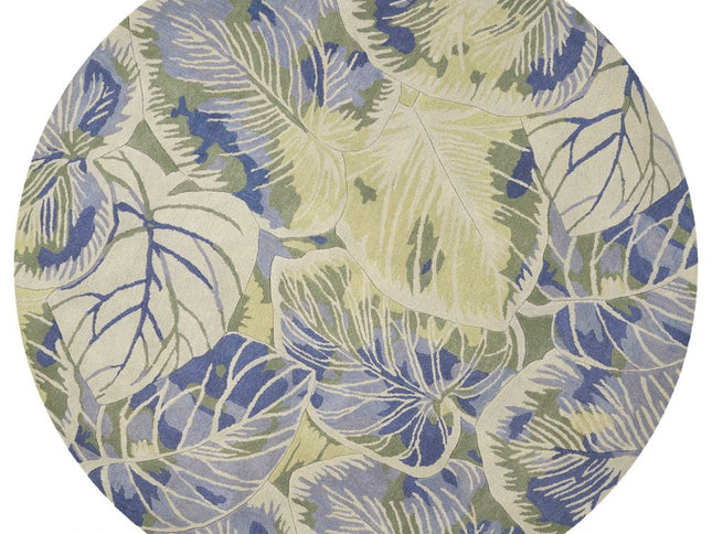 7' X 9' Blue Green And Beige Wool Tropical Botanical Hand Tufted Area Rug