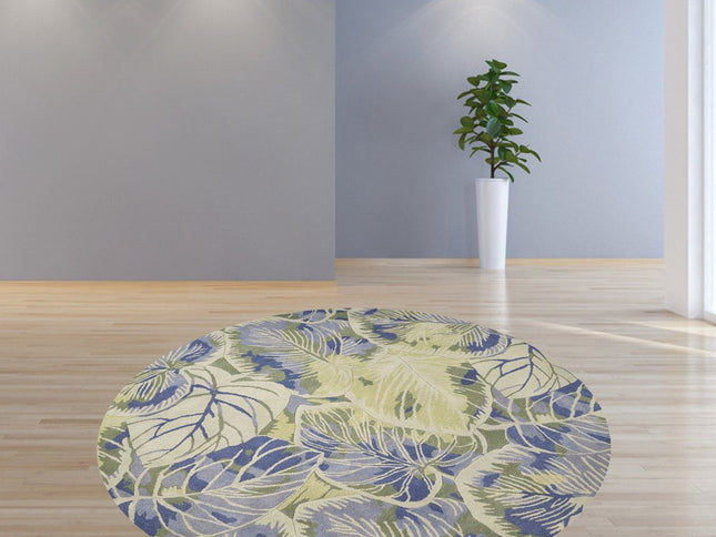 7' X 9' Blue Green And Beige Wool Tropical Botanical Hand Tufted Area Rug