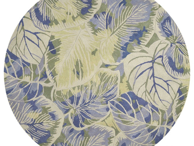 7' X 9' Blue Green And Beige Wool Tropical Botanical Hand Tufted Area Rug