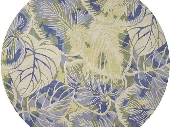 7' X 9' Blue Green And Beige Wool Tropical Botanical Hand Tufted Area Rug