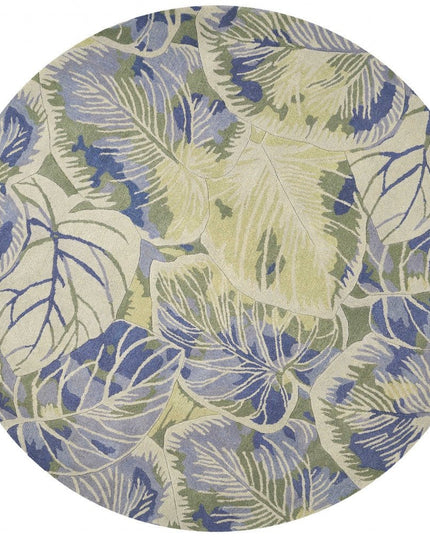 7' X 9' Blue Green And Beige Wool Tropical Botanical Hand Tufted Area Rug