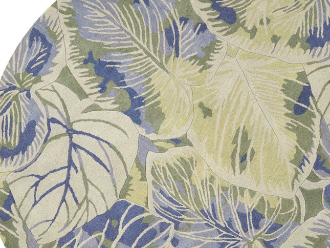 7' X 9' Blue Green And Beige Wool Tropical Botanical Hand Tufted Area Rug