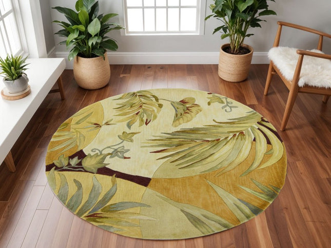 8' X 10' Coral Green And Ivory Wool Tropical Botanical Hand Tufted Area Rug