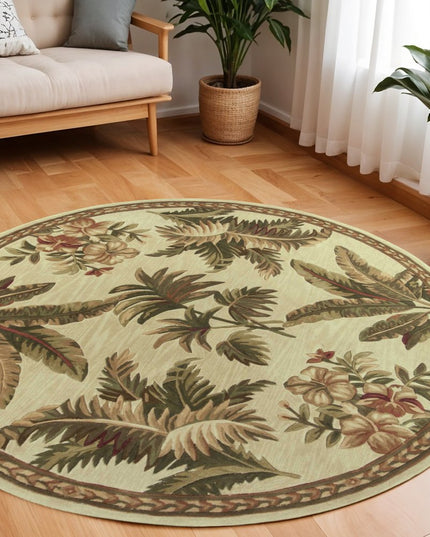 8' Ivory Green And Brown Wool Tropical Botanical Hand Tufted Round Rug