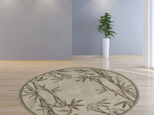 8' X 10' Ivory Green And Brown Wool Botanical Leaves Hand Tufted Area Rug