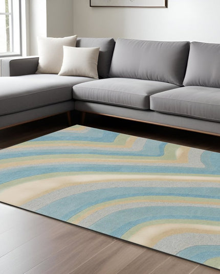 8' X 10' Blue Beige And Green Wool Abstract Hand Tufted Area Rug