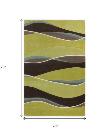 3' X 5' Lime Green Brown And Blue Wool Abstract Hand Tufted Area Rug