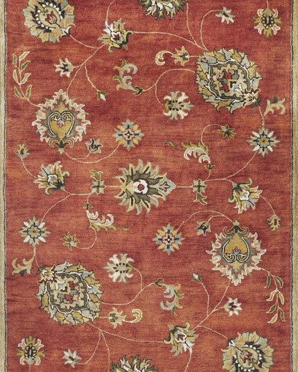 8' X 11' Sienna Gold And Green Wool Floral Vines Hand Tufted Area Rug