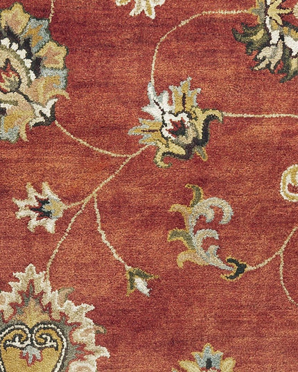 8' X 11' Sienna Gold And Green Wool Floral Vines Hand Tufted Area Rug