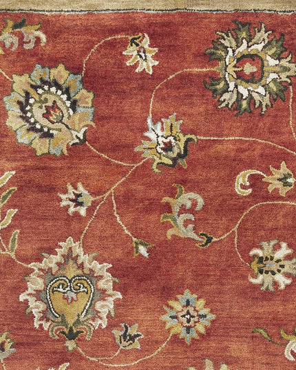 8' X 11' Sienna Gold And Green Wool Floral Vines Hand Tufted Area Rug