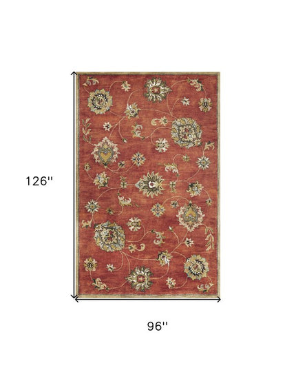 8' X 11' Sienna Gold And Green Wool Floral Vines Hand Tufted Area Rug