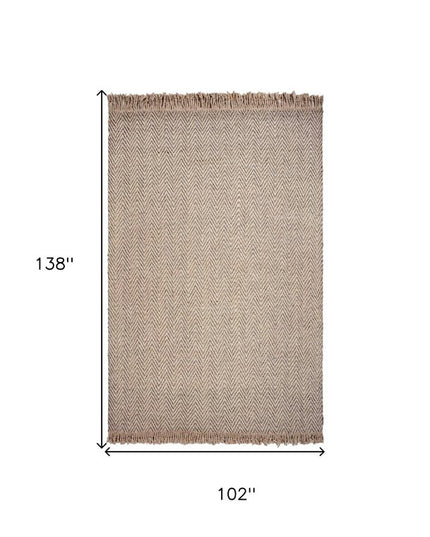 8' X 10' Beige And Gray Wool Chevron Hand Woven Area Rug With Fringe