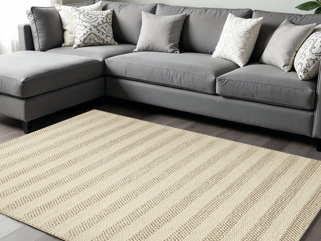 9' X 13' Ivory And White Wool Striped Hand Woven Area Rug