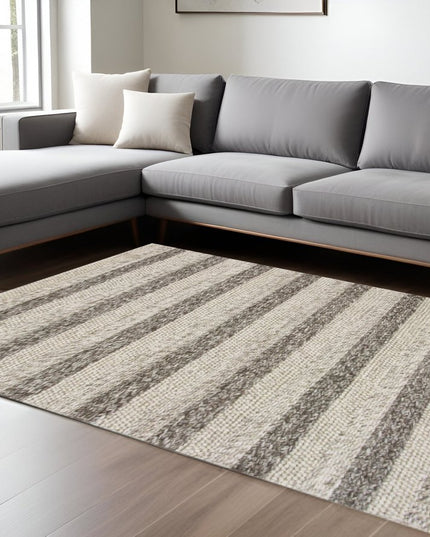 3' X 5' Brown Gray And Ivory New Zealand Lambs Wool Striped Hand Woven Area Rug