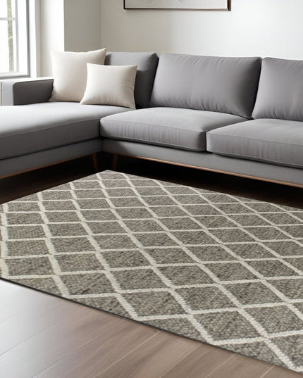 8' X 10' Dark Gray And Ivory New Zealand Lambs Wool Diamond Hand Woven Area Rug