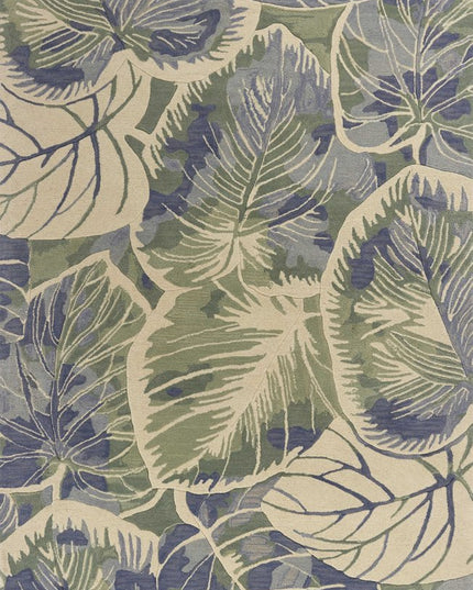 7' X 9' Blue Green And Beige Wool Tropical Botanical Hand Tufted Area Rug