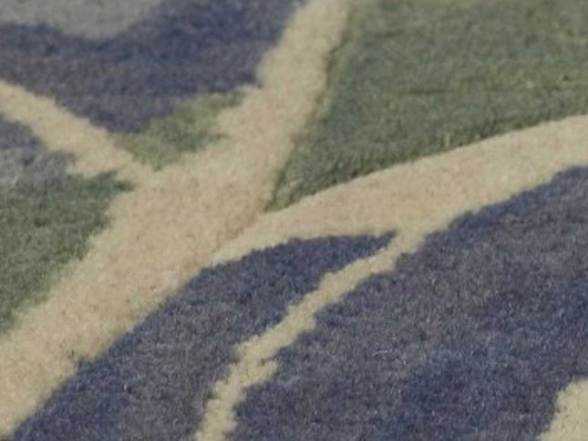 7' X 9' Blue Green And Beige Wool Tropical Botanical Hand Tufted Area Rug