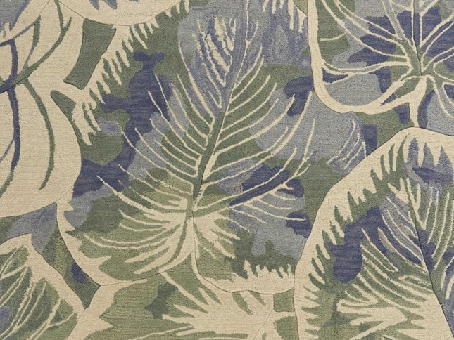 7' X 9' Blue Green And Beige Wool Tropical Botanical Hand Tufted Area Rug