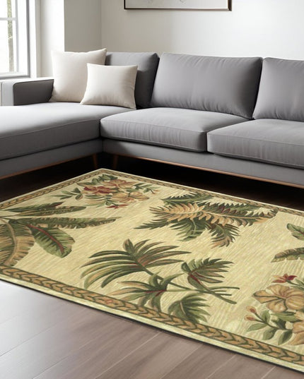 8' Ivory Green And Brown Wool Tropical Botanical Hand Tufted Round Rug