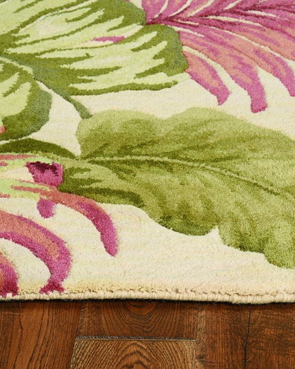 9' X 12' Beige Green And Pink Wool Botanical Leaves Hand Tufted Area Rug