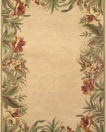 8' X 10' Beige Red And Green Wool Tropical Floral Hand Tufted Area Rug
