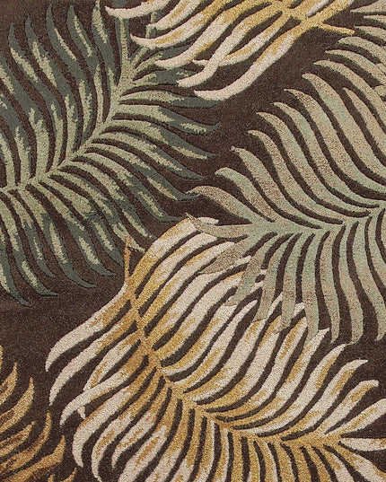 7' Espresso Beige And Green Wool Botanical Leaves Hand Tufted Round Rug