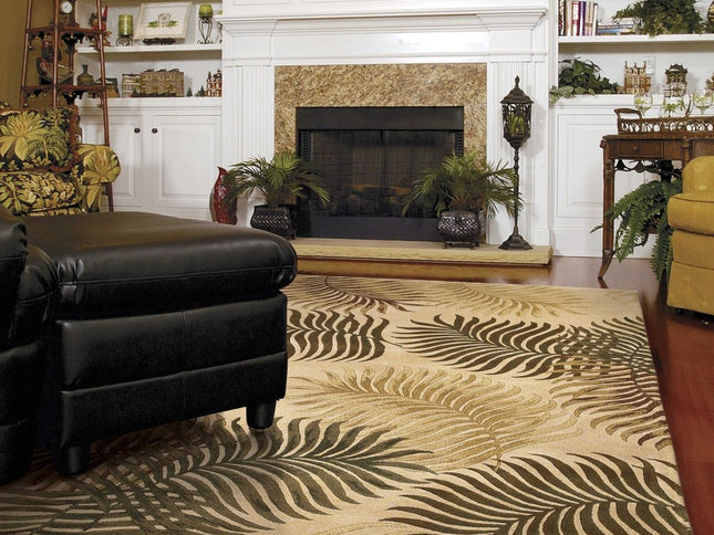 5' X 8' Natural Green And Brown Wool Botanical Leaves Hand Tufted Area Rug