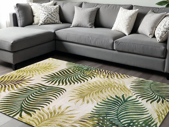 5' X 8' Natural Green And Brown Wool Botanical Leaves Hand Tufted Area Rug