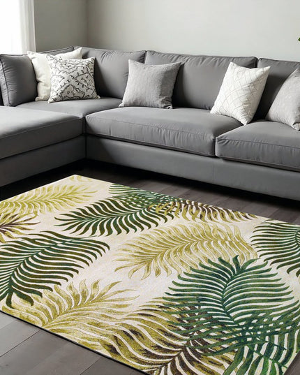 5' X 8' Natural Green And Brown Wool Botanical Leaves Hand Tufted Area Rug