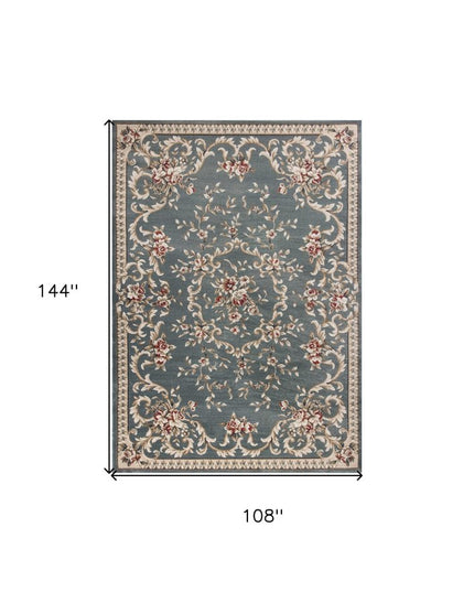 8' Slate Blue Red And Ivory Floral Medallion Round Rug
