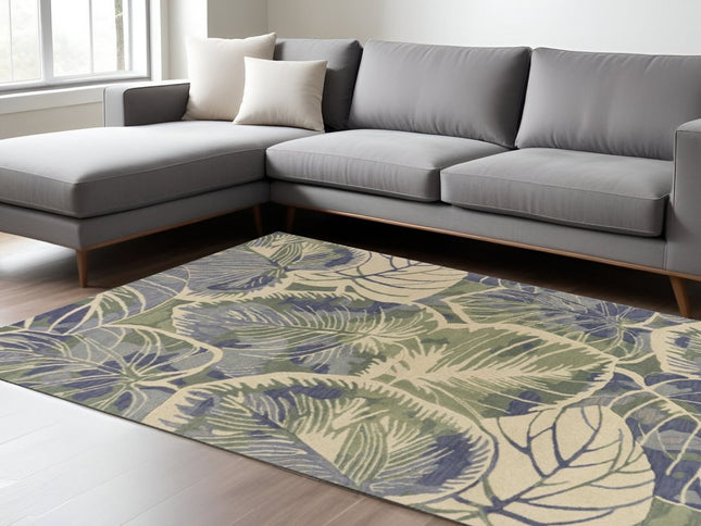 7' X 9' Blue Green And Beige Wool Tropical Botanical Hand Tufted Area Rug