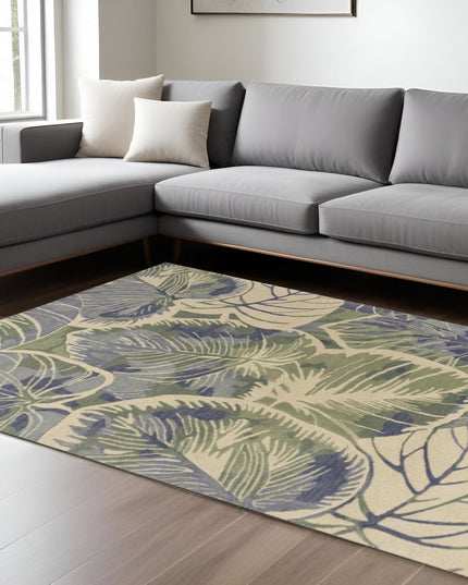 7' X 9' Blue Green And Beige Wool Tropical Botanical Hand Tufted Area Rug