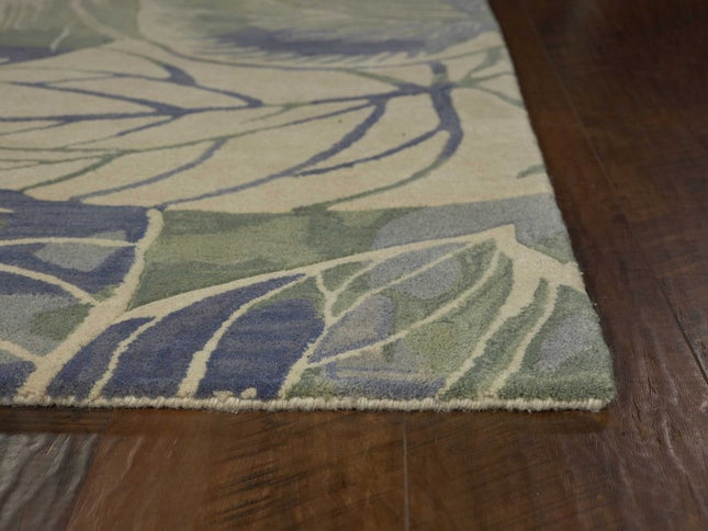 7' X 9' Blue Green And Beige Wool Tropical Botanical Hand Tufted Area Rug
