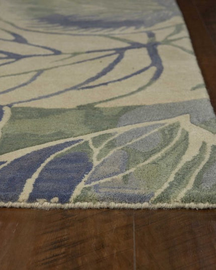 7' X 9' Blue Green And Beige Wool Tropical Botanical Hand Tufted Area Rug