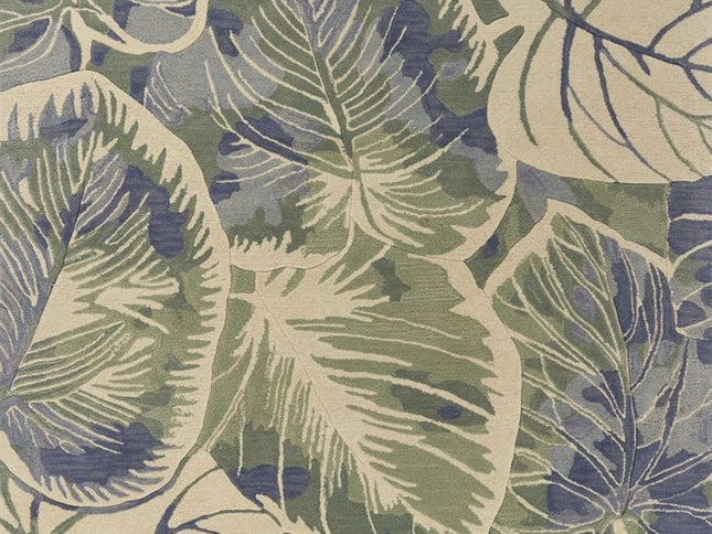 7' X 9' Blue Green And Beige Wool Tropical Botanical Hand Tufted Area Rug