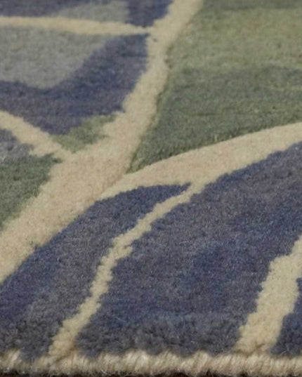 7' X 9' Blue Green And Beige Wool Tropical Botanical Hand Tufted Area Rug