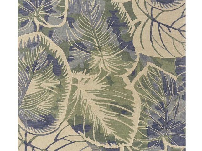 7' X 9' Blue Green And Beige Wool Tropical Botanical Hand Tufted Area Rug