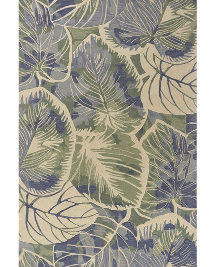 7' X 9' Blue Green And Beige Wool Tropical Botanical Hand Tufted Area Rug
