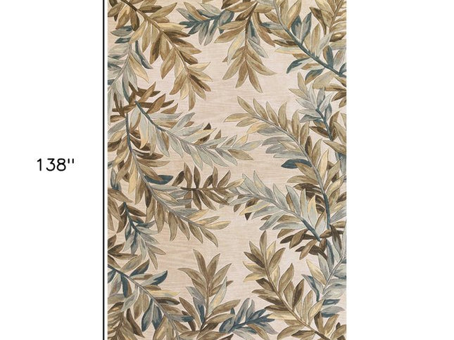 7' X 9' Ivory Brown And Blue Wool Botanical Leaves Hand Tufted Area Rug