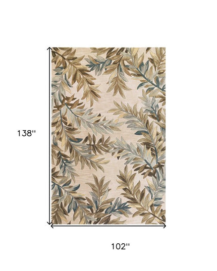 7' X 9' Ivory Brown And Blue Wool Botanical Leaves Hand Tufted Area Rug