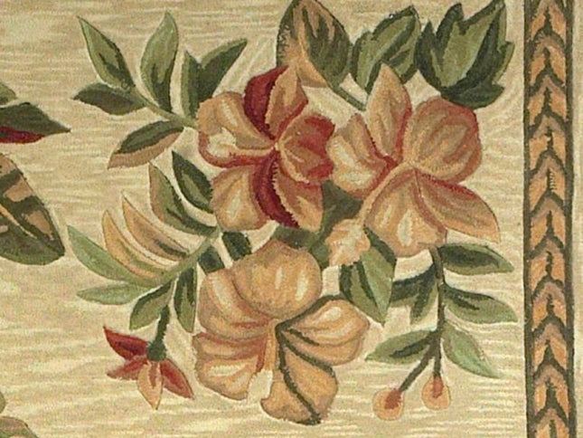 8' Ivory Green And Brown Wool Tropical Botanical Hand Tufted Round Rug