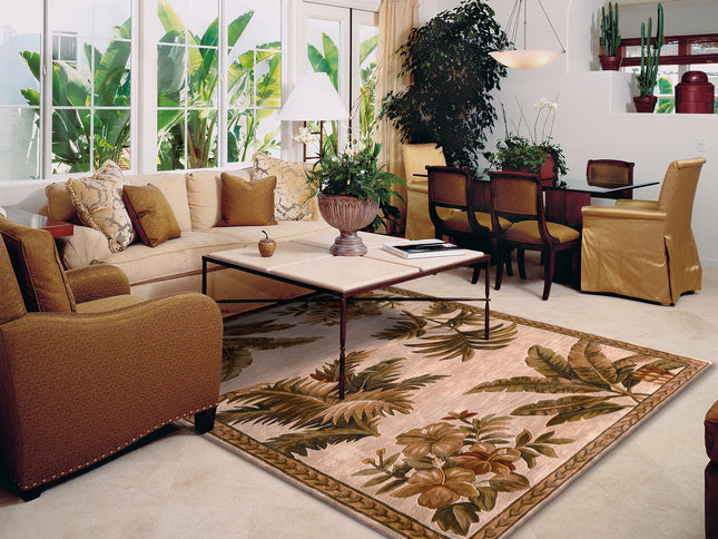 8' Ivory Green And Brown Wool Tropical Botanical Hand Tufted Round Rug