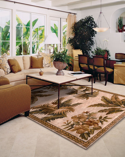 8' Ivory Green And Brown Wool Tropical Botanical Hand Tufted Round Rug