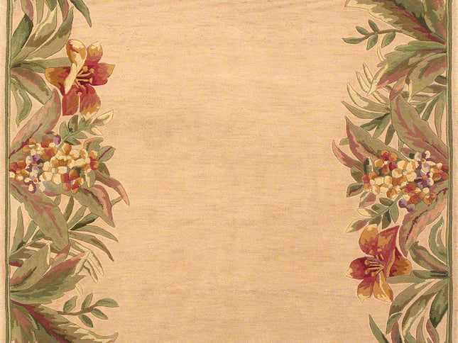 8' X 10' Beige Red And Green Wool Tropical Floral Hand Tufted Area Rug